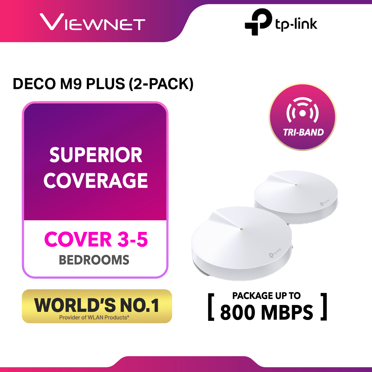 TP-LINK Deco M9 Plus (2 PACK) - AC2200 Mesh WiFi Wireless Tri-Band Gigabit Router 2.4GHz + 5GHz Wi-Fi