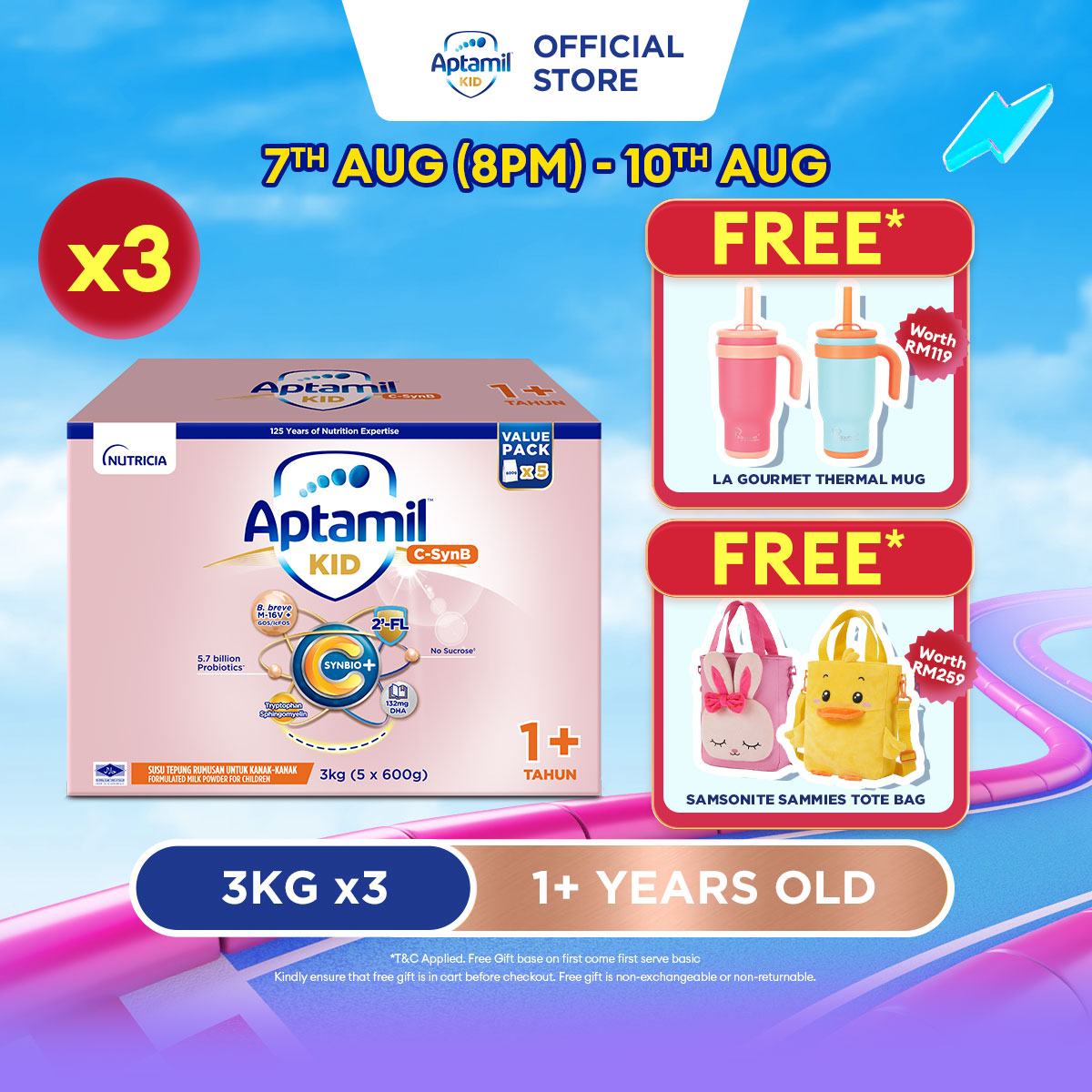 Aptamil KID C-SynB Growing Up Formula - 1+ Years 3KG X 3 (Susu Milk Powder 奶粉)
