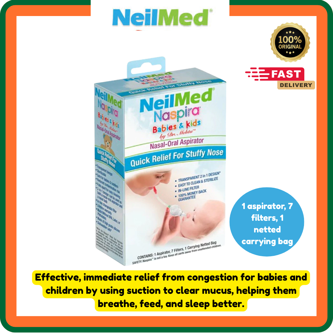 NeilMed Naspira Baby & Kids Nasal-Oral Aspirator | Gentle Baby Nose Cleaner | Includes 1 Aspirator 7 Filters & Bag