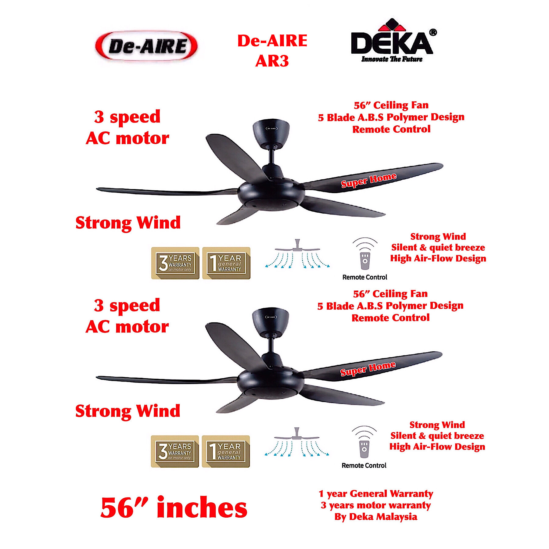 Deka DE-AIRE AR3 56 inch Ceiling Fan With Remote Control 5 Blades A.B.S Polymer Design - Black