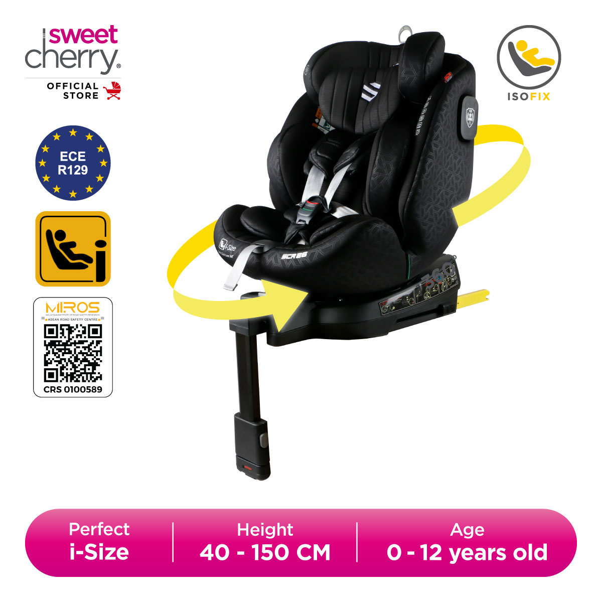 Sweet Cherry SCR Series ECE R129 360° Rotation Convertible Car Seat ST-7 ST7 SCR26 i-Size ISOFIX with Leg Support & Buckle Alarm System Baby Car Seat