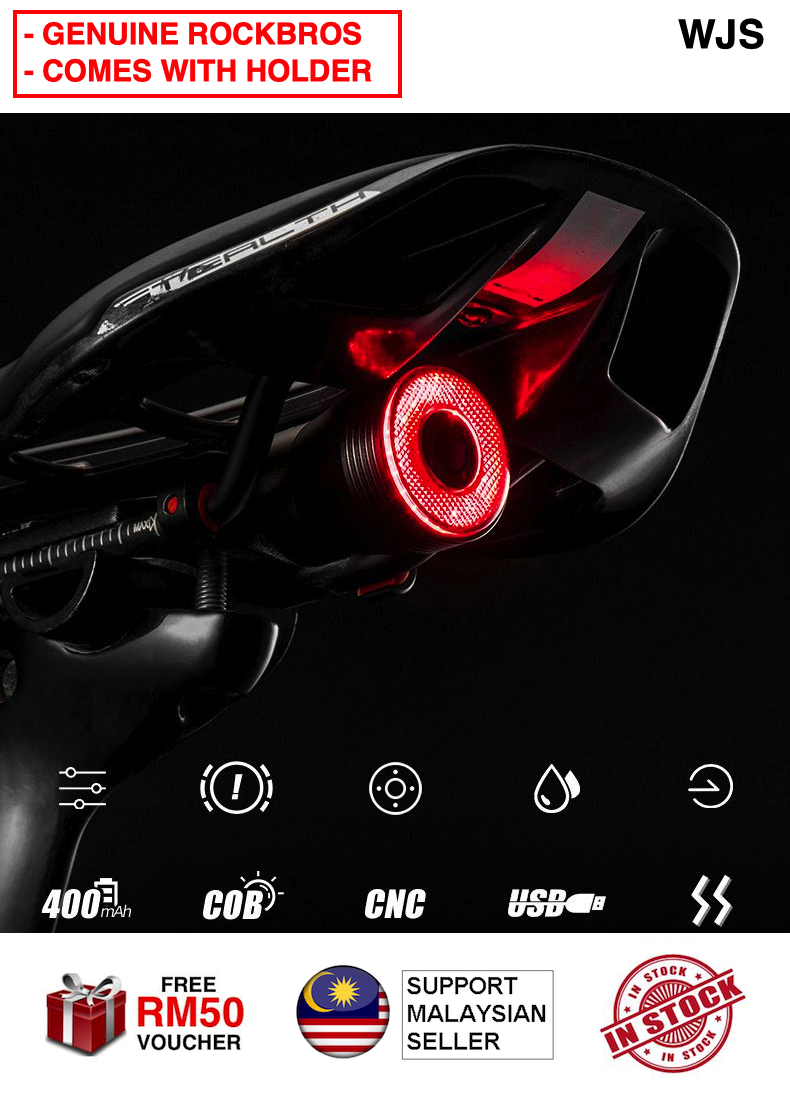 ROCKBROS Waterpoof Smart Bike Tail Rear Light USB Brake Sense Auto LED Red