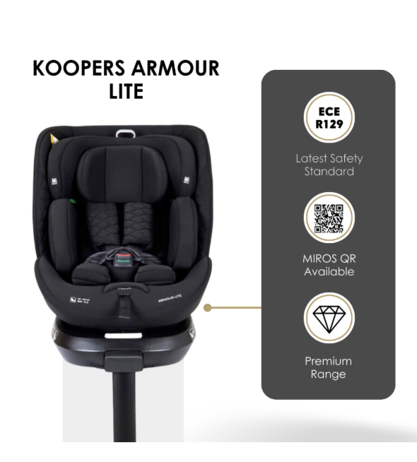 Koopers Armour Lite 360 Baby Car Seat ECE R129 Approved Carbon Black Free Car Seat Protector and Sunshade