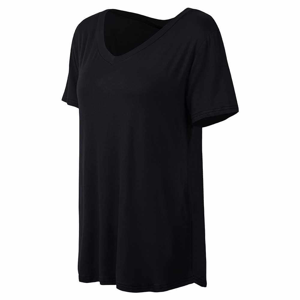 People's Choice New Fashion Women T-shirt Solid Color V Neck Short Sleeve Rounded Hem Long Casual Party Wear Summer Tops (Black)