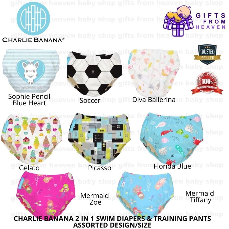 CHARLIE BANANA 2 IN 1 SWIM DIAPERS & TRAINING PANTS ASSORTED DESIGN/SIZE