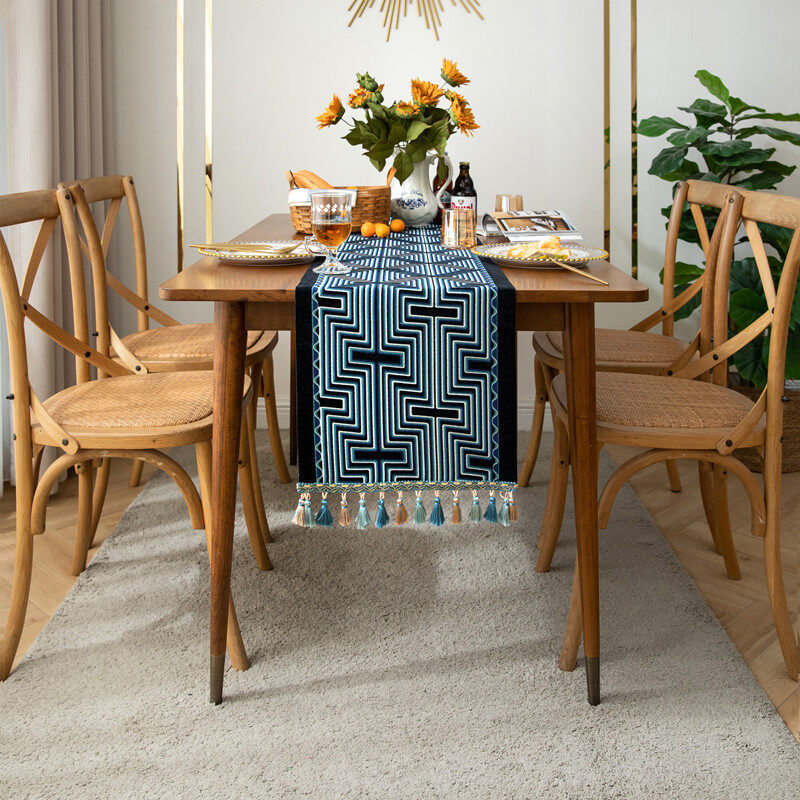 Retro Jacquard Table Runner Elegant Geometric Line Tassel Black/Blue Decoration For Tea Table TV Cabinet Tablecloth Bed Flag Shoe Dust Cover For Home Decor