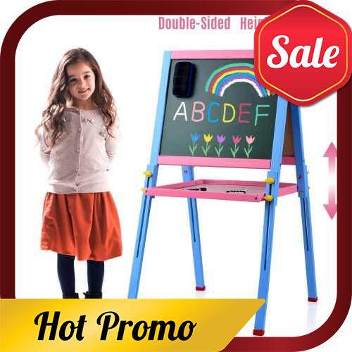 Solid Wood Children Art Easel Double-Sided Magnetic Whiteboard & Chalkboard Adjustable Standing Blackboard with Storage Shelf and Accessories for Kids Toddlers Boys and Girls (Standard)