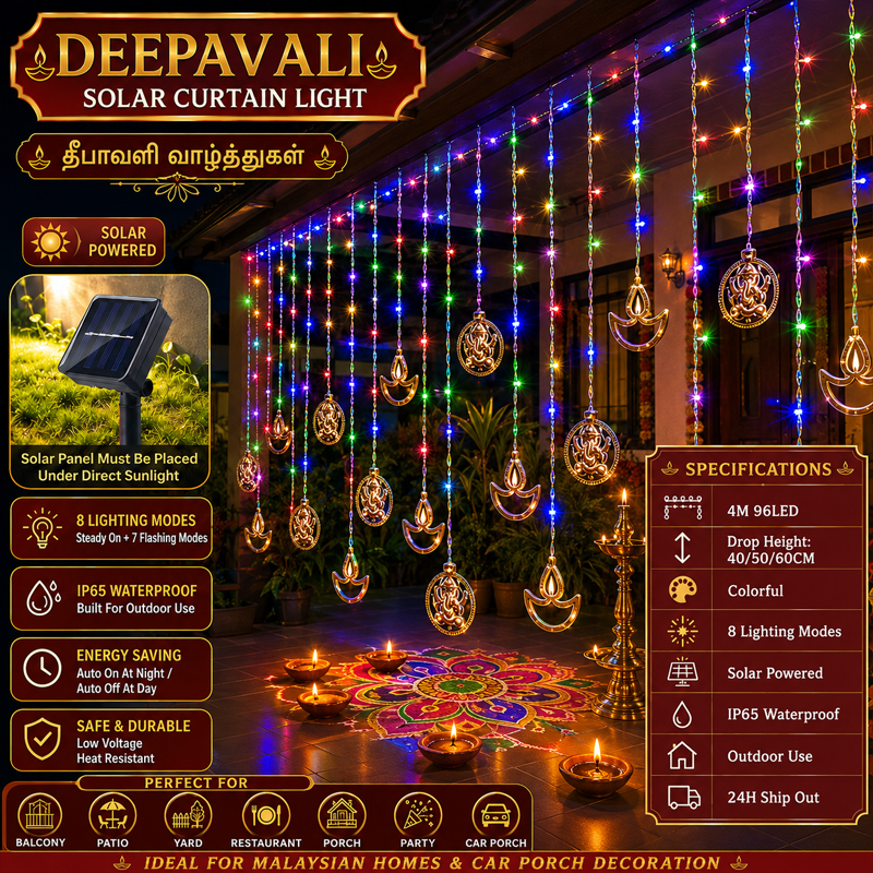🔥24H Ship🔥4M Solar Deepavali Diya Curtain Light 6 Hanging Diyas 8 Modes IP65 Waterproof Outdoor Diwali Decoration