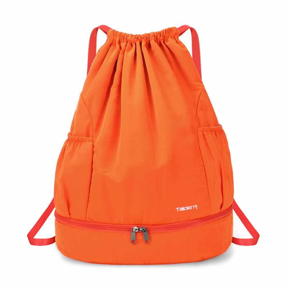 Foldable Drawstring Backpack Sports Gym Bag with Wet and Dry Compartments for Swimming Beach Camping (Orange)