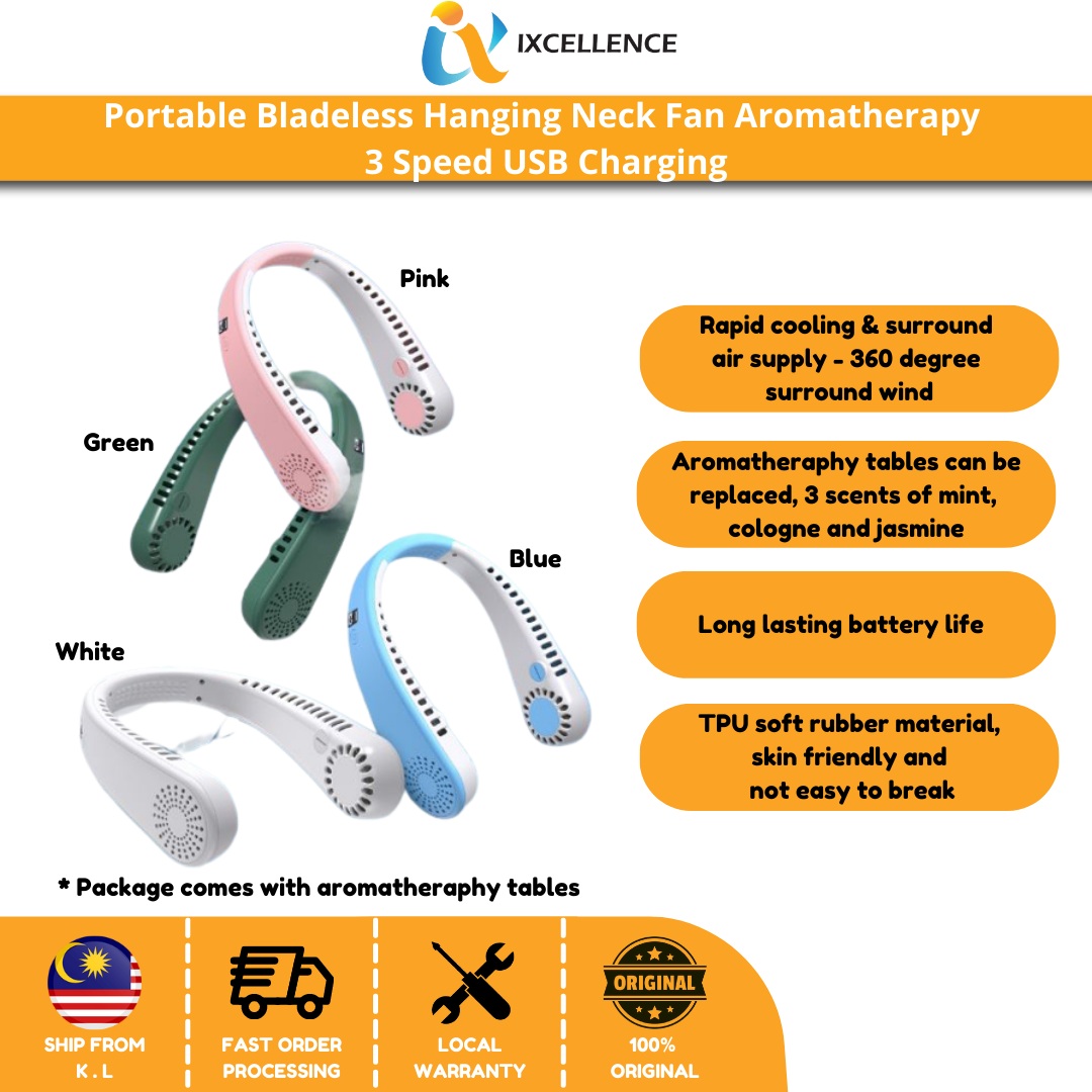 [IX] Portable Bladeless Hanging Neck Fan Aromatherapy 3 Speed USB Charging