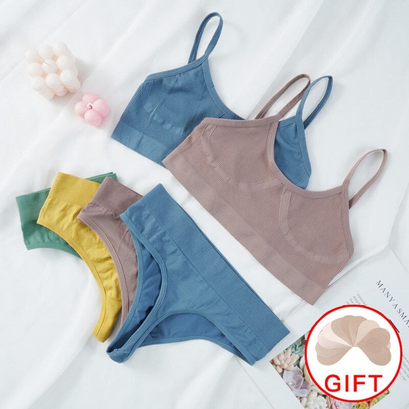 [HOT TXLPKLZKQMBN 629] Women Bra Set Sexy Lingerie Female Underwear Bralette Ribbed Tops Girls Fashion Brassiere Basic Stretchy Tank Crop Tops Suit