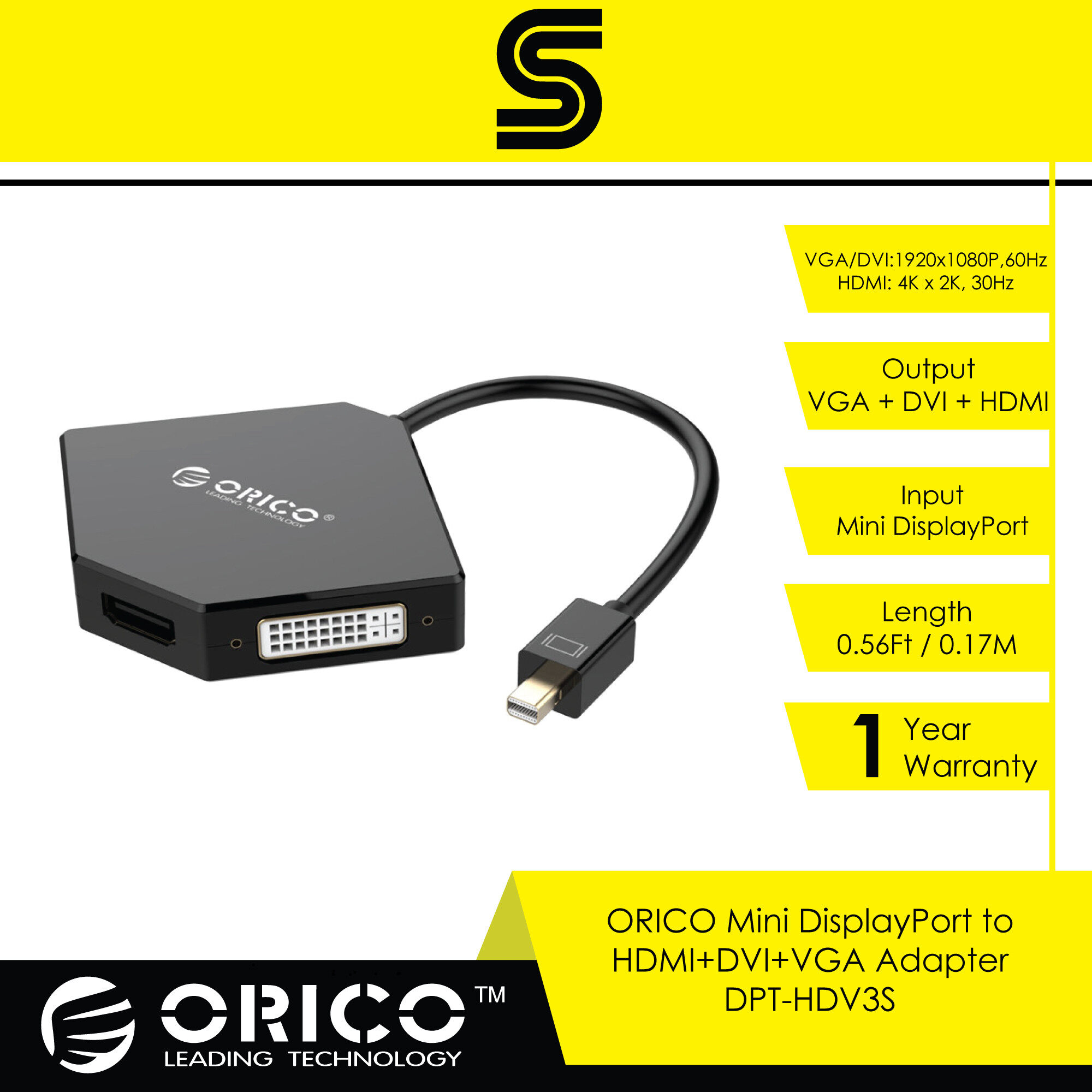 ORICO Mini DisplayPort to HDMI+DVI+VGA Adapter - DPT-HDV3S