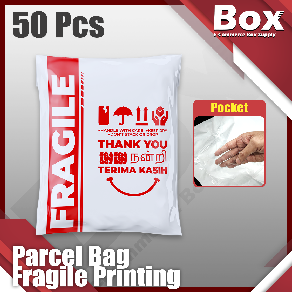 Beg Kurier [ Courier Bag Parcel Bag Printing Fragile ] 50pcs with Pocket Plastik Kurier Beg Rapuh