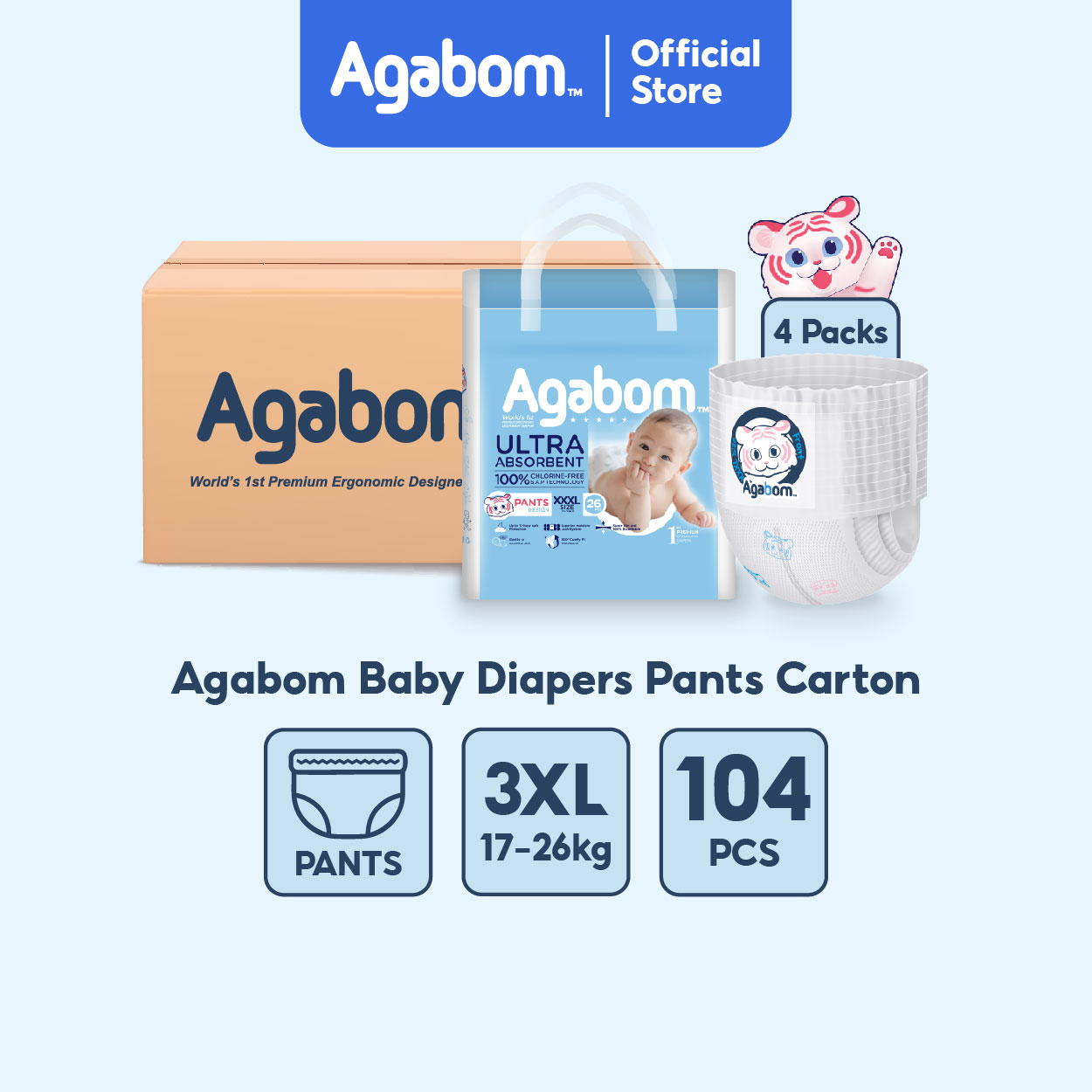 [Carton] AGABOM Premium Baby Disposable Diapers Pull-Up Pants 100% SAP Ultra-Thin 4 Packs L-XXXL