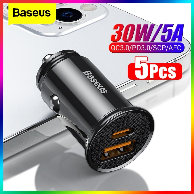 【best-selling digital】 Baseus 5pcs USB Car Charger Quick Charge QC4.0 QC3.0 PD3.0 SCP PPS 5A Type C 30W Fast USB Charger For iPhone Xiaomi Mobile Phone