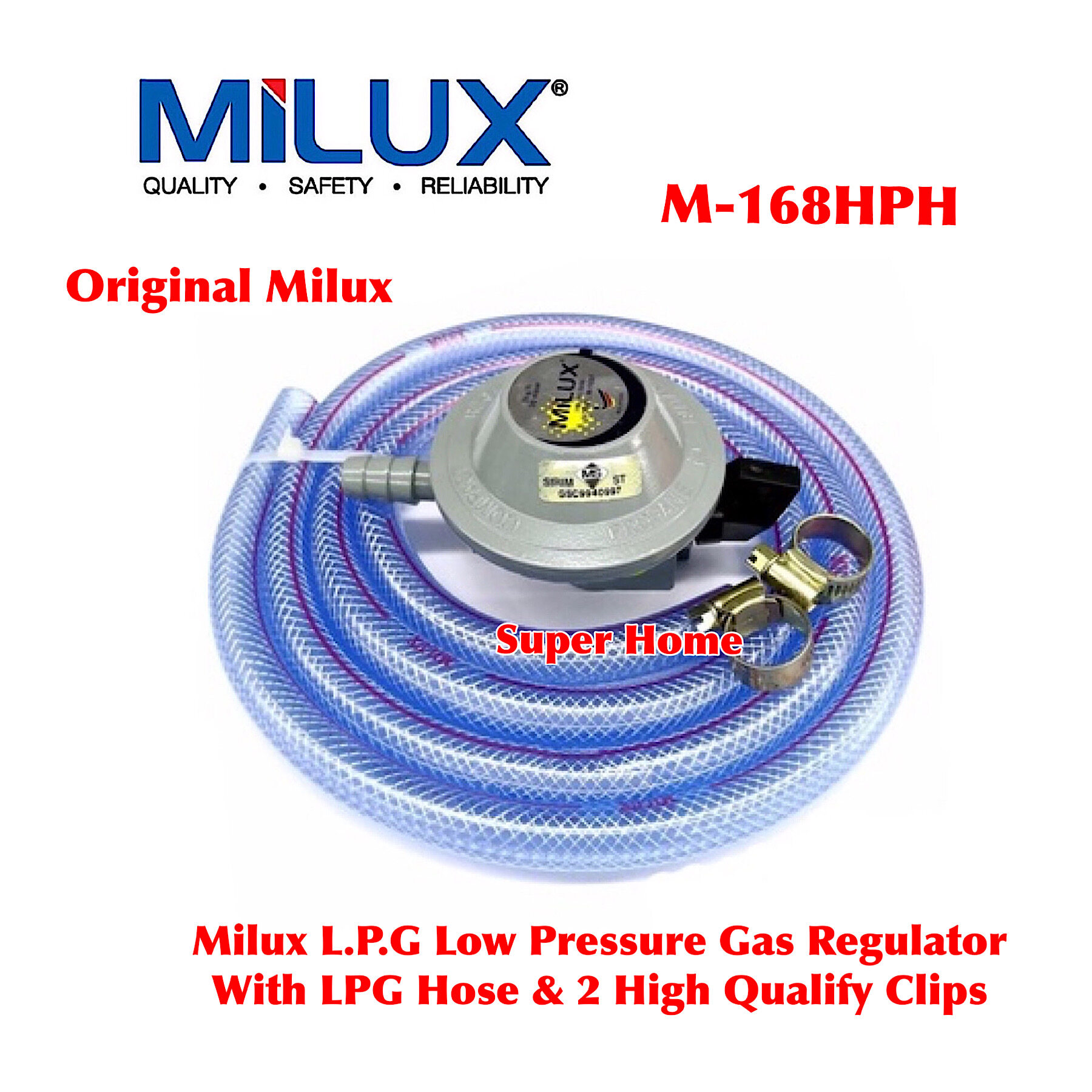 Milux L.P.G Low Pressure Gas Regulator M-168HPH With LPG Hose & 2 High Qualify Clips