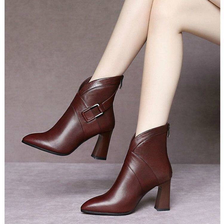 Bốt da thật mũi nhọn cho nữ, bốt đến mắt cá chân, bốt da cao gót, khóa kéo, handmade