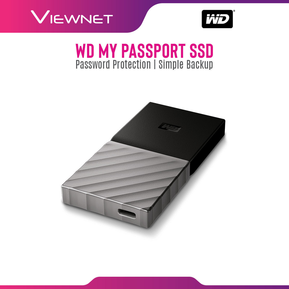 WD My Passport Portable External SSD USB3.1 Type-C (supports USB 3.1 Gen-2) Portable Solid State Drive 2TB with speeds up to 540MB/s USB Type-C to Type-A adapter Password Protection Hardware Encryption Built for Mac or PC