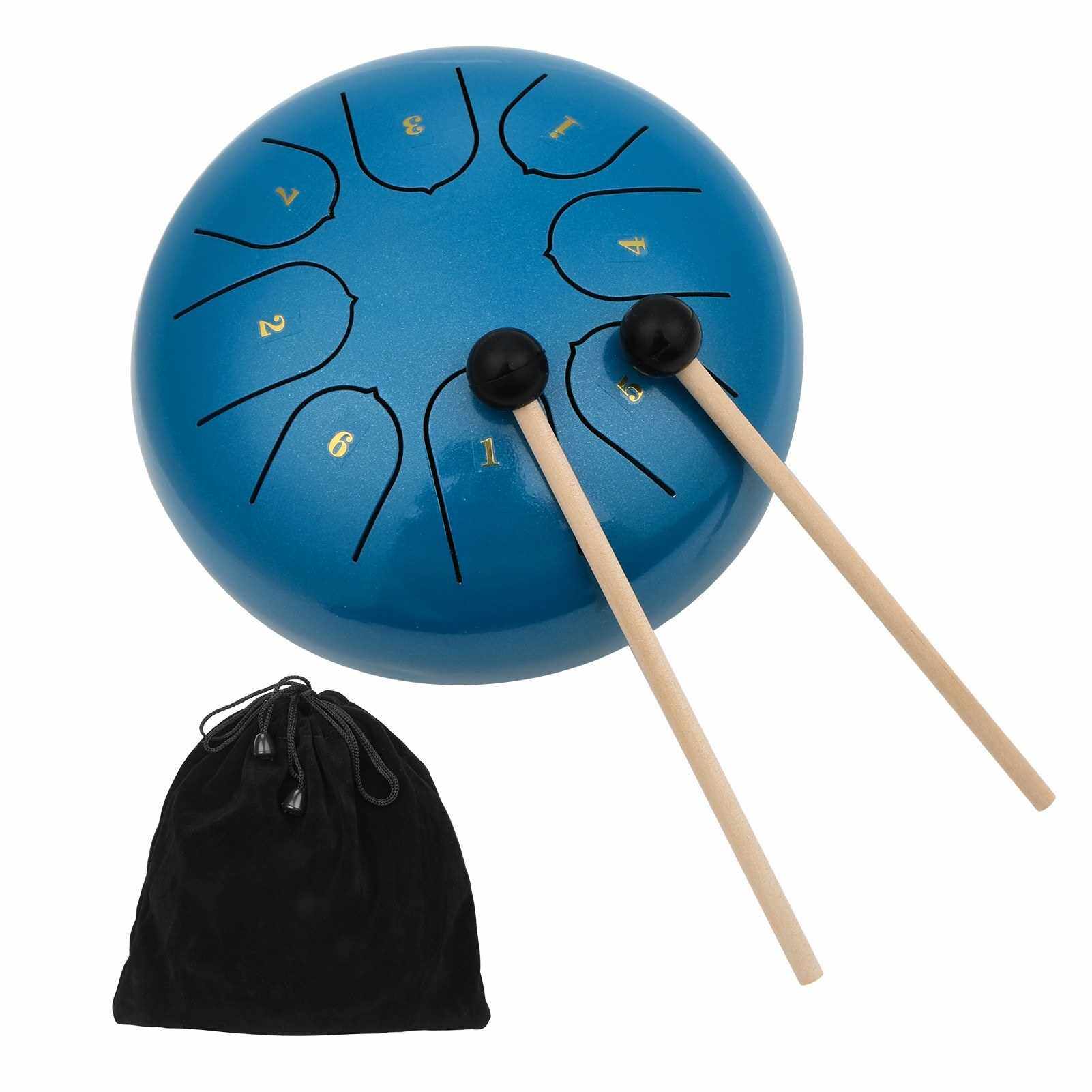 8 Notes C-key 6-inch Mini Steel Tongue Drum Hand Pan Drum Percussion Instrument with Drumsticks for Musical Education Concert Mind Healing Yoga Meditation (Blue)