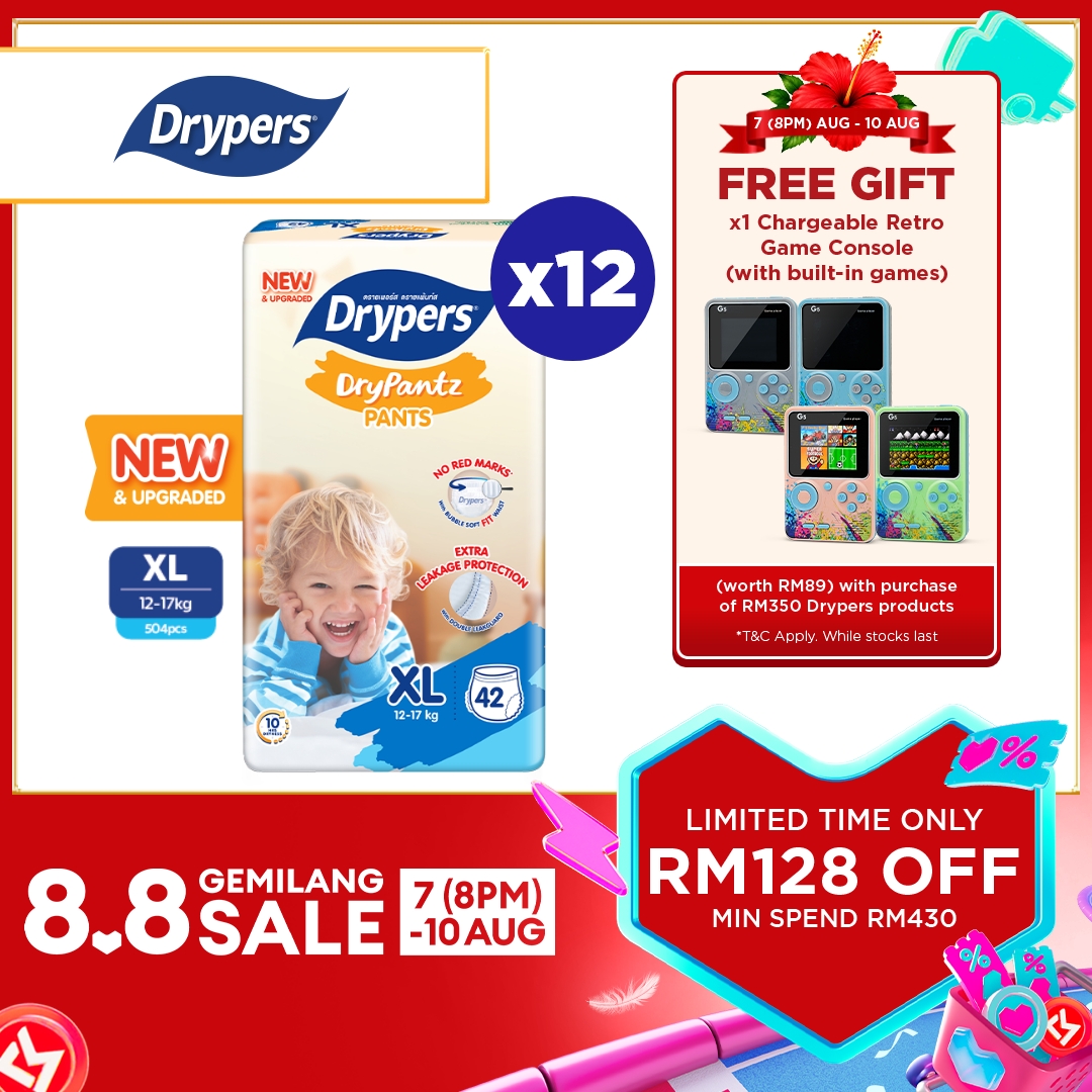 [Upgraded] Drypers DryPantz Baby Diapers M58/ L48/ XL42/ XXL36 (12 Packs) - Bubble Soft Fit Waist Baby Pants