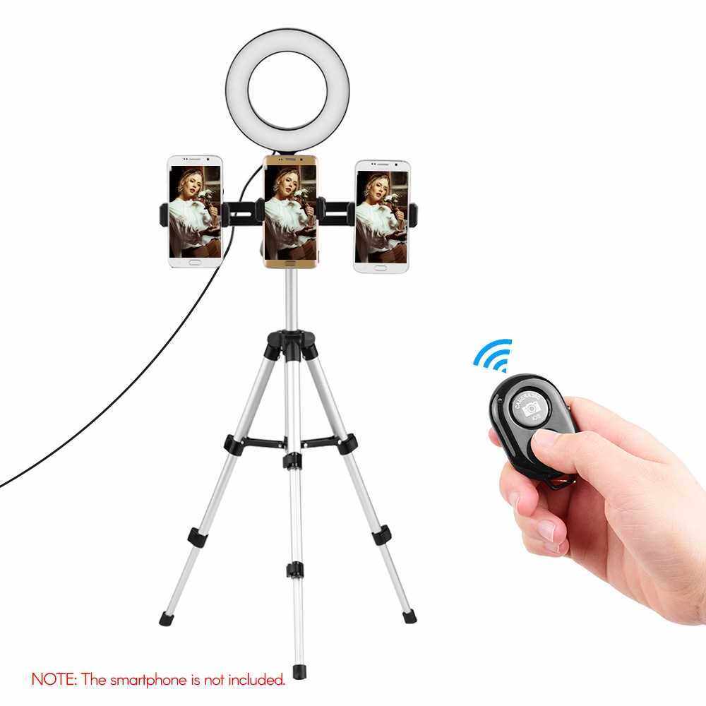 Three-Phone Live Streaming Lighting Kit 6.3inch/16cm 2700K~6500K Bi-color Dimmable USB Ring Video Light + Max. Height 65cm Portable Tabletop Tripod + Three-Phone Holder + BT Remote Control for Video Shooting Live Streaming Selfie Vlogging Makeup (Standar