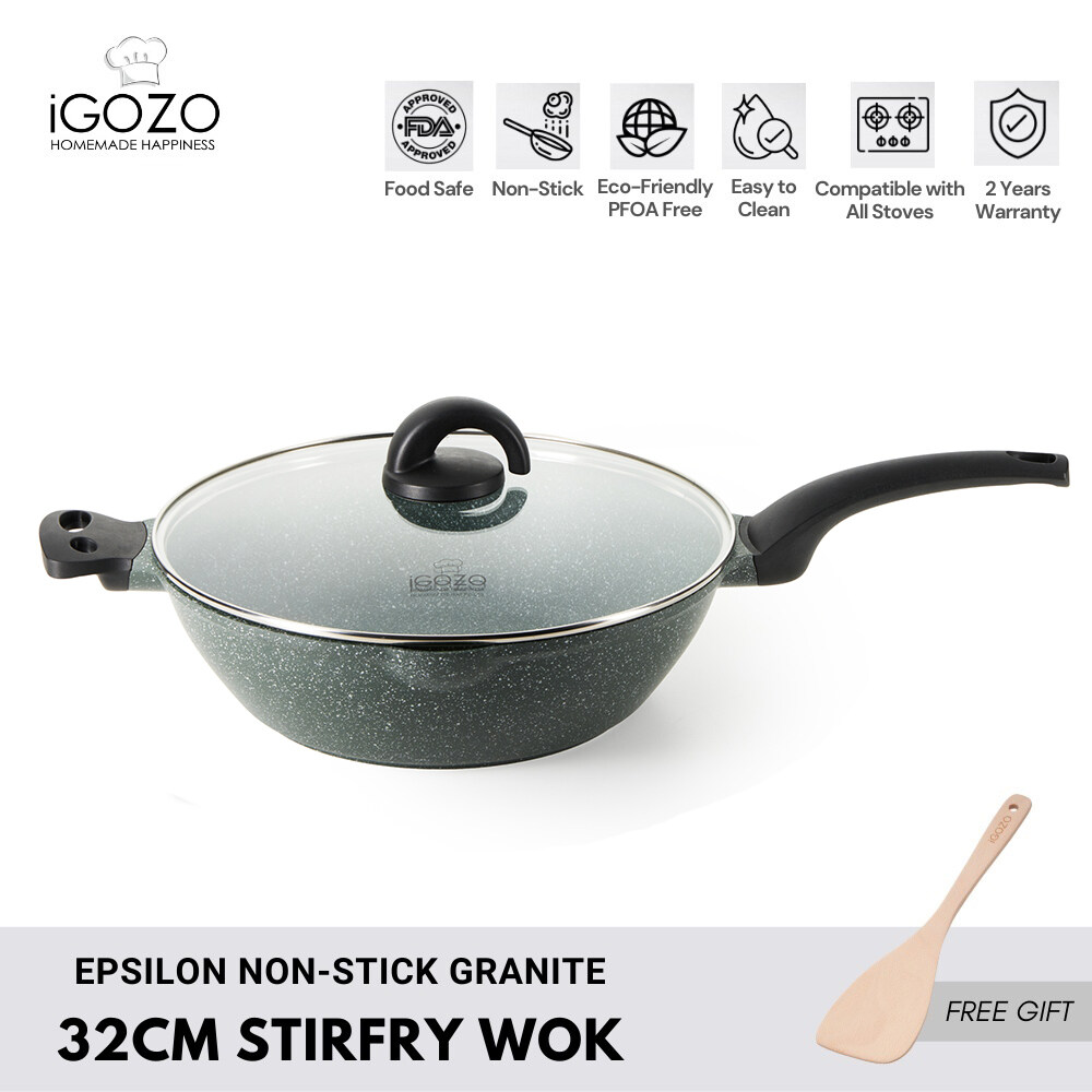 iGOZO Epsilon 32cm Non Stick Granite Stir-fry Wok (Free Wooden Spatula)