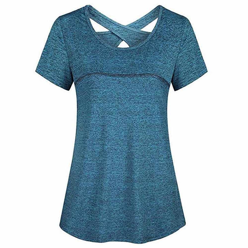 Women Short Sleeve Yoga Shirt Quick Dry Running Workout T-Shirt Sports Shirt Yoga Top Activewear (Dark Blue)