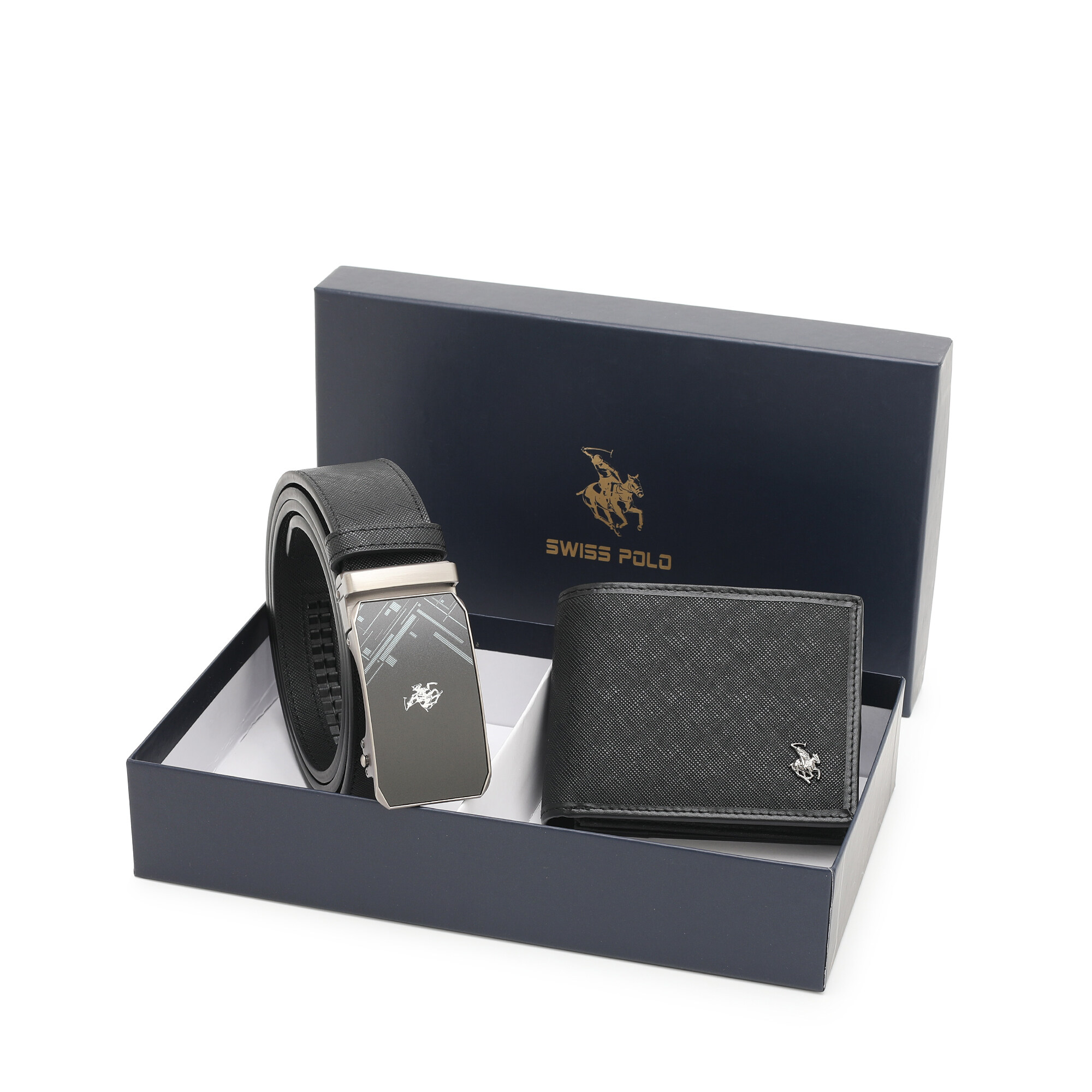 SWISS POLO Gift Set/ Box RFID Bifold Wallet With Belt SGS 558-2 BLACK