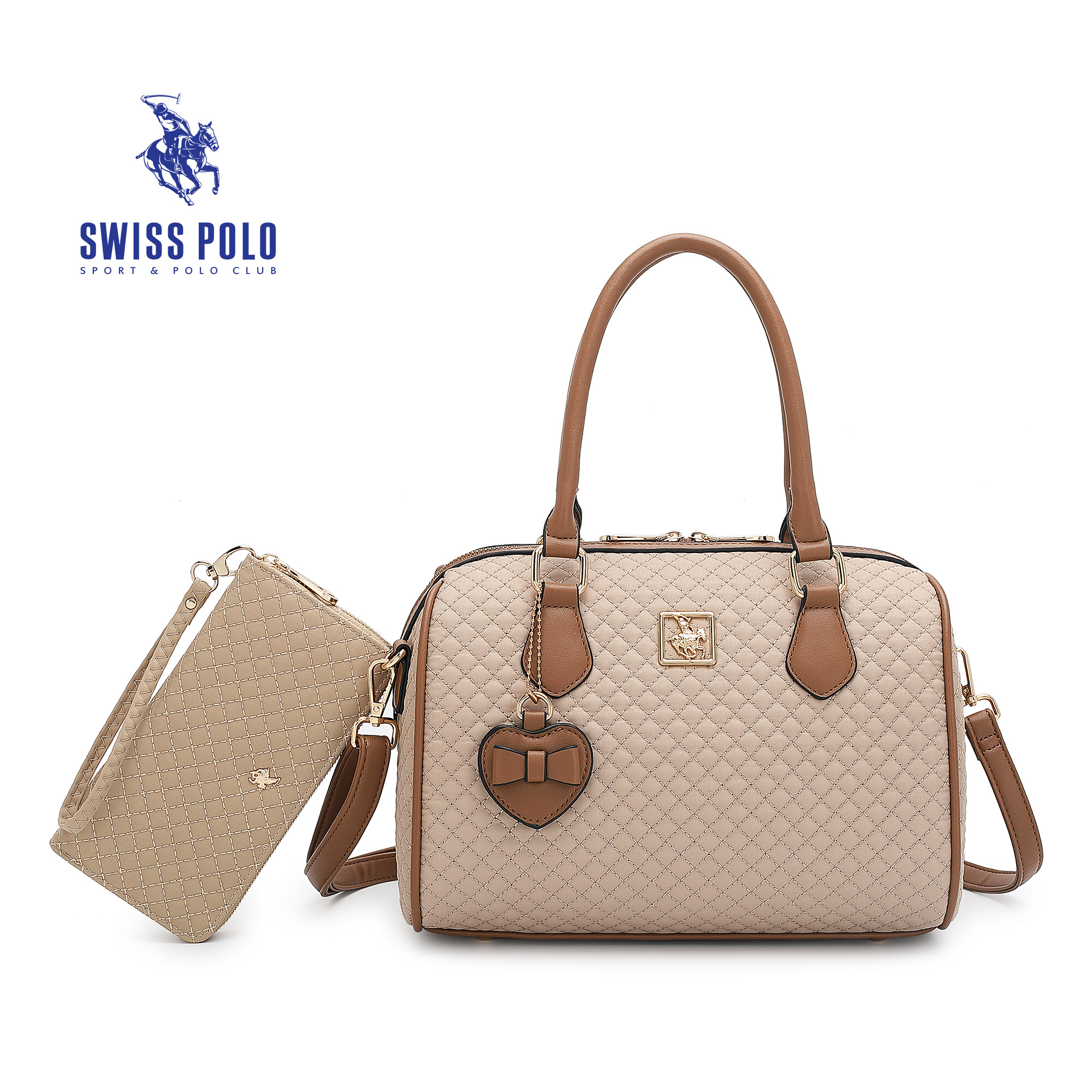 SWISS POLO 2 In 1 Ladies Quilted Top Handle Sling Bag With Long Purse HHM 173-3 BEIGE