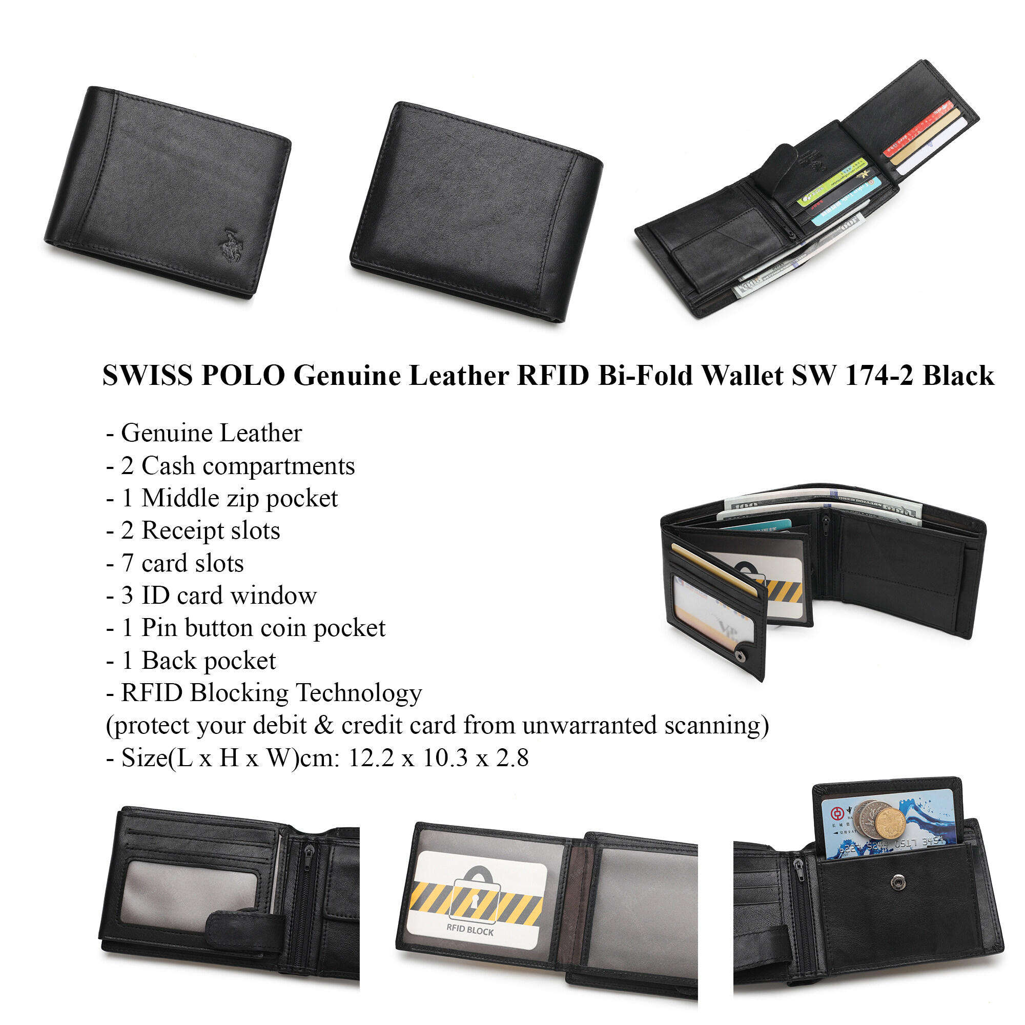 SWISS POLO Genuine Leather RFID Short Wallet SW 174-2 BLACK