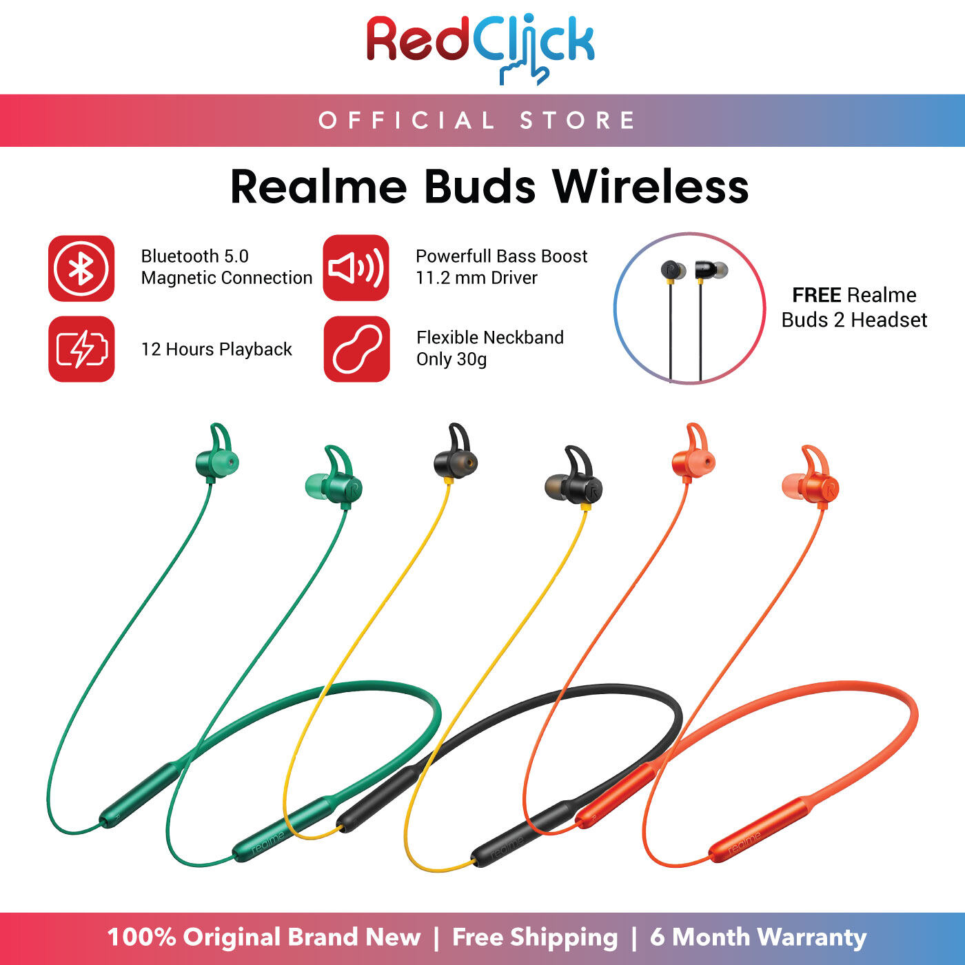 Realme Buds Wireless (RMA108) Real Bass Unwired Bluetooth 5.0 Magnetic Connection Earphones Original Realme Product + Free Gift
