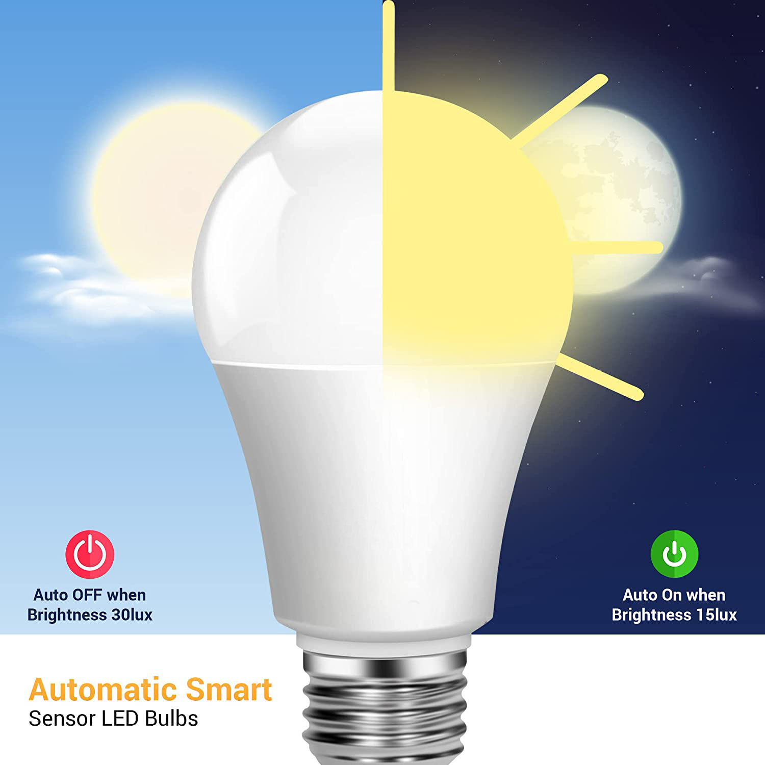 Dusk to Dawn Sensor Light Bulb Auto On/Off Indoor and outdoor Light Sensor LED Bulbs E27 9W White Warm for Porch Front Door Garage Patio