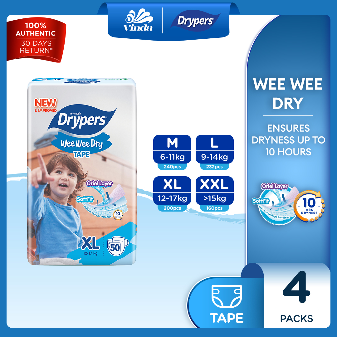 Drypers Wee Wee Dry Baby Tape Diapers M60s/ L58s/ XL50s/ XXL40s (4 packs) - Super Dry Soft & Fit