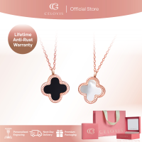 [ BESTSELLER RM99 ONLY ] CELOVIS Adele Reversible Two Side Four Leaf Clover Pendant with White Mother Pearl and Black Ceramic Inlay in 18K Rose Gold for Women