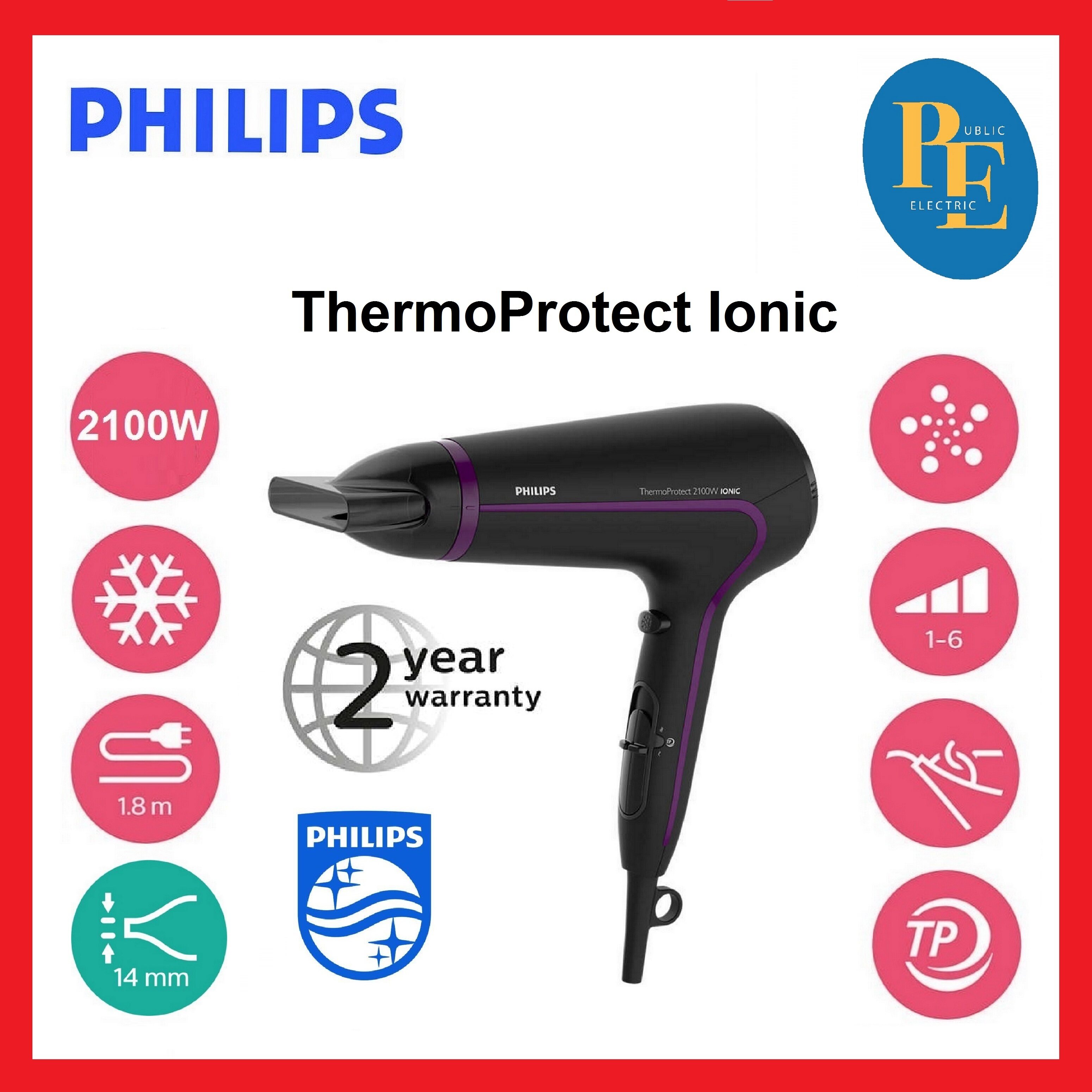 Philips ThermoProtect Hair Dryer 2100W HP8234 Black New PGMall