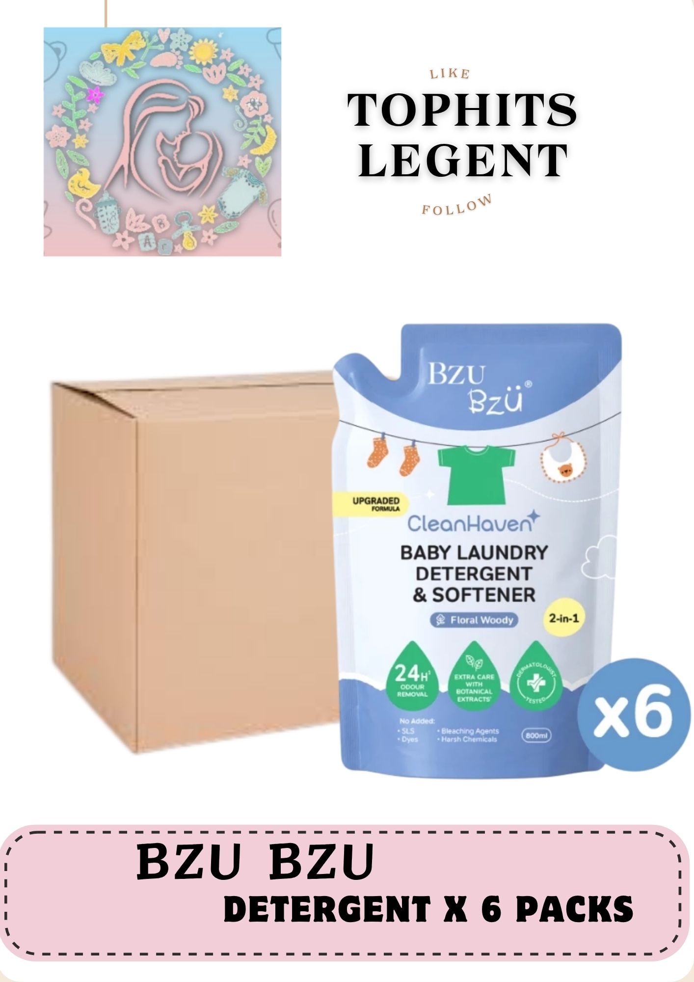 BZU BZU Baby Laundry Detergent and Softener Refill (800ml x 6)New packaging