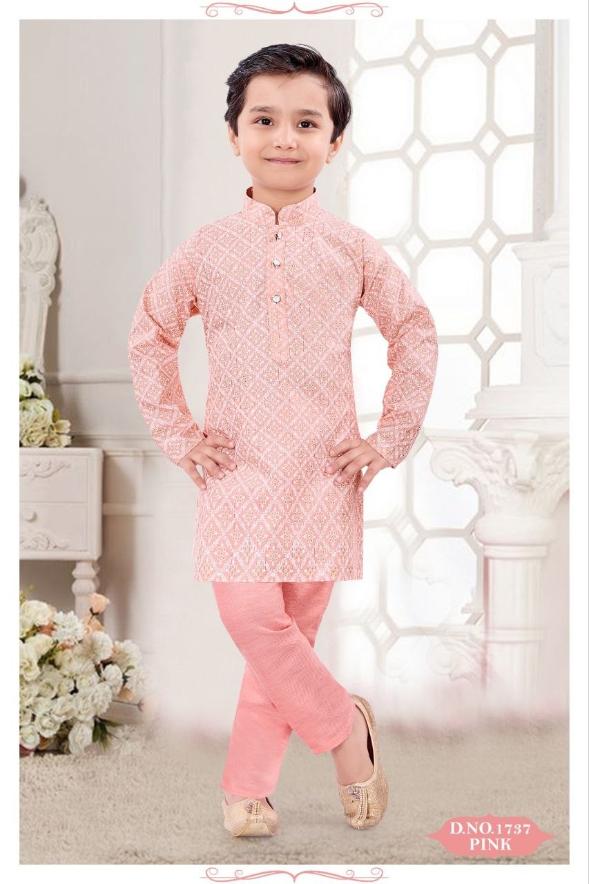 Pink traditional kurta set for boys with intricate patterns and matching pants.