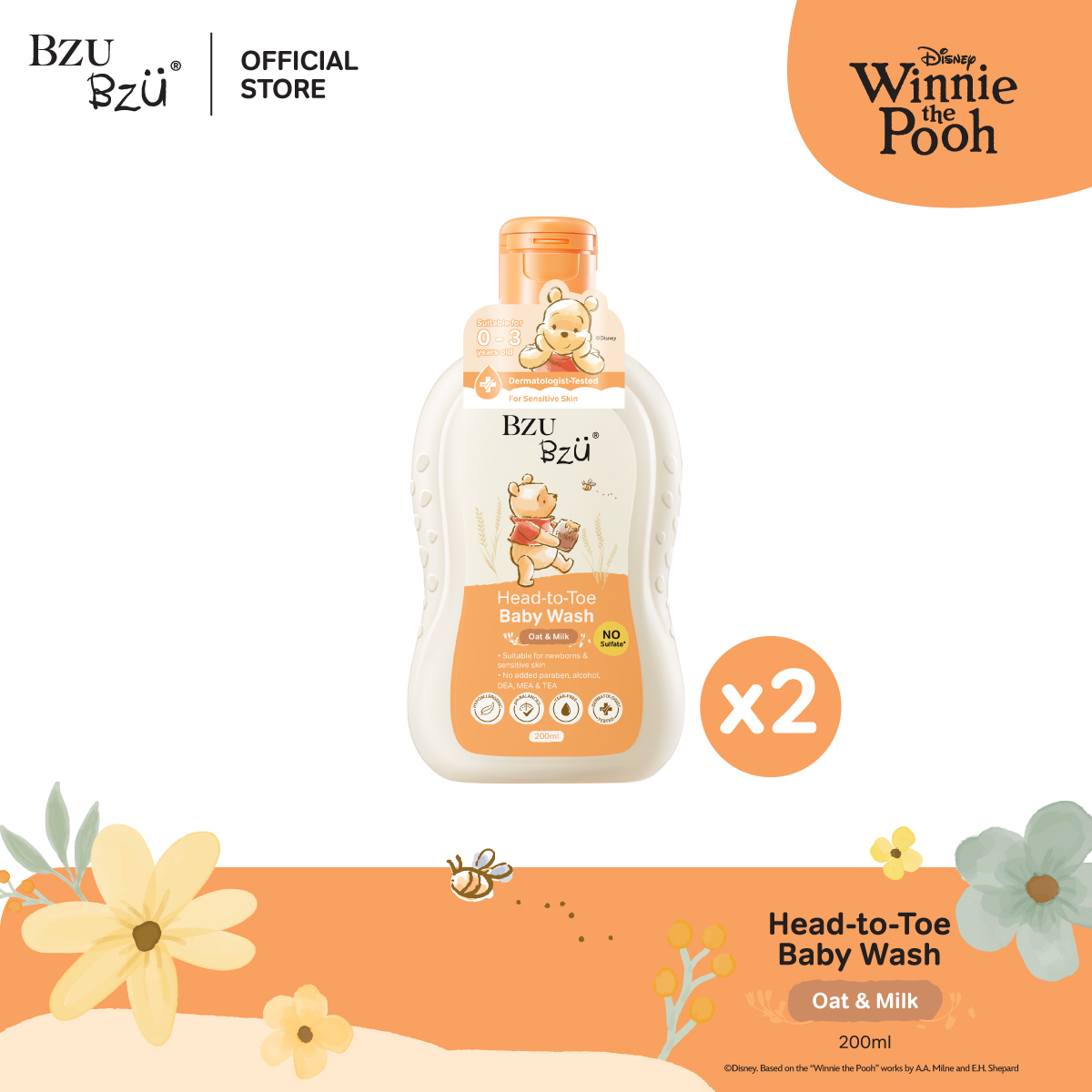 BZU BZU Winnie The Pooh Head to Toe Baby Wash Oat & Milk (200ml x2)