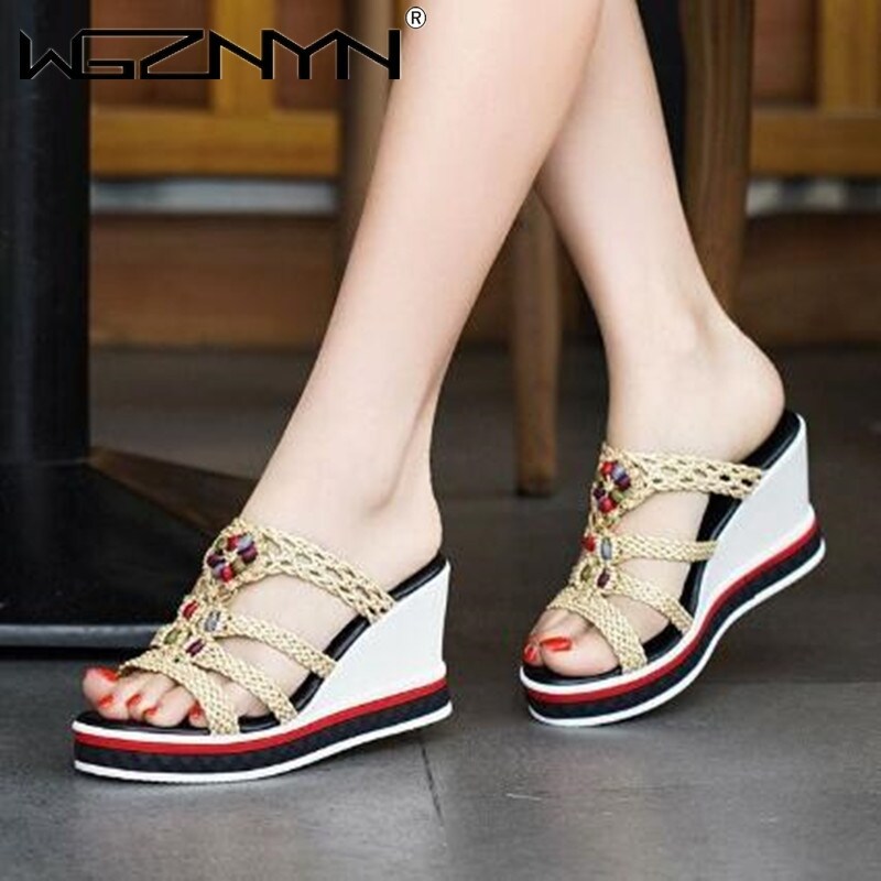 [vivian] Latform Wedges Slippers Women Weaving Sandals 2021 New Female Shoes Fashion Heeled Shoes Casual Summer Slides Slippers Women