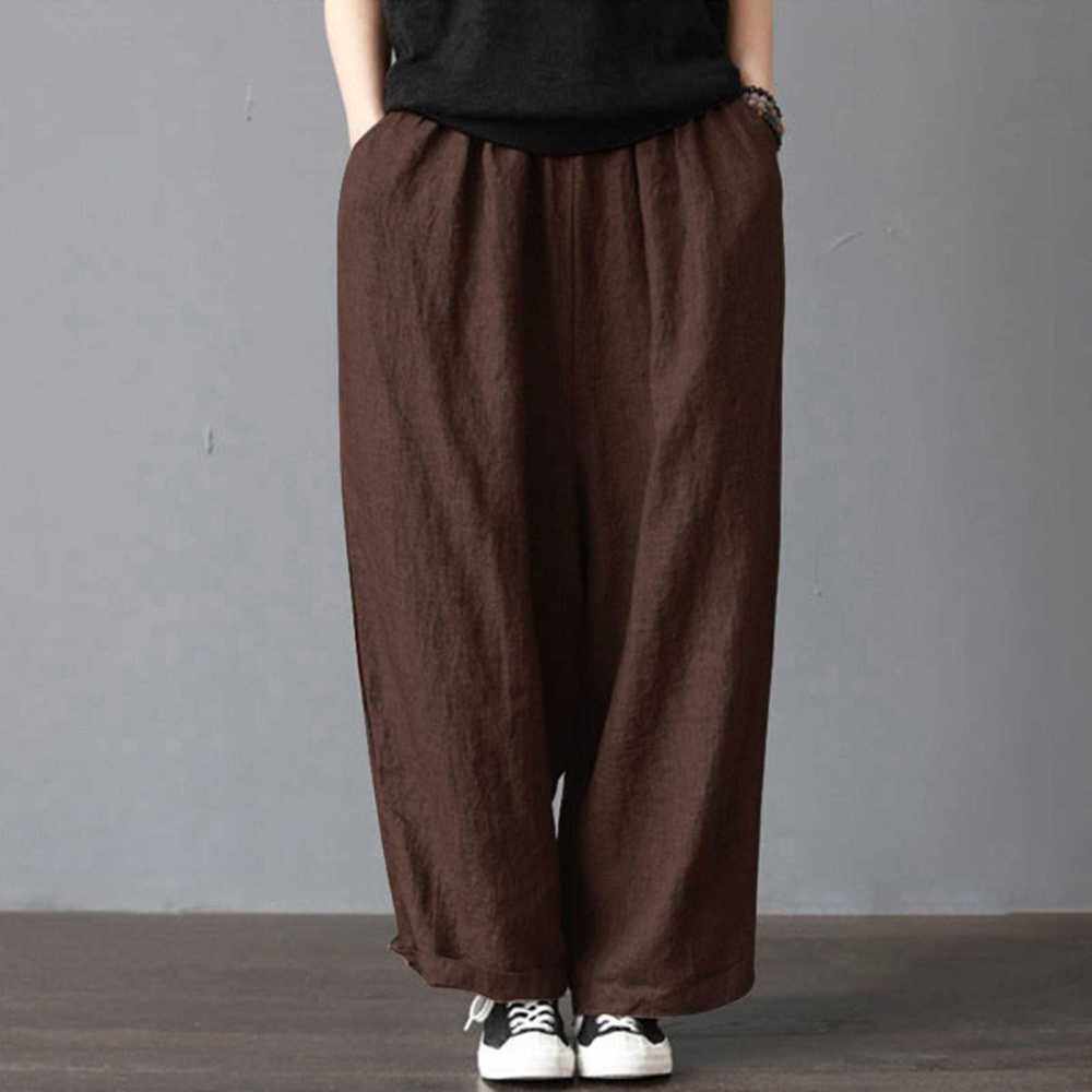 Women Cotton Linen Wide Leg Pants Elastic Waist Pockets Comfy Solid Loose Casual Trousers (Coffee)