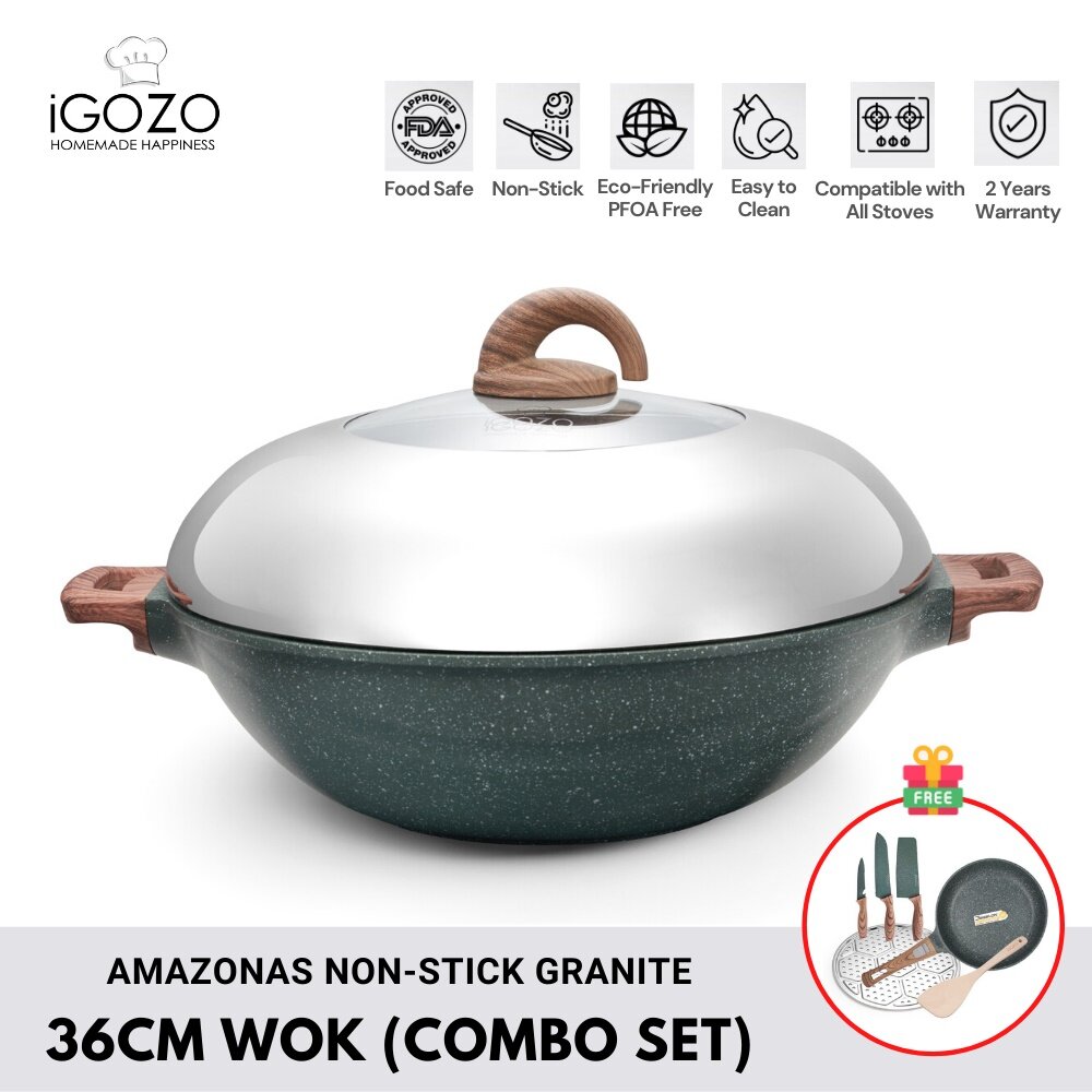 iGOZO Amazonas 36cm Premium Granite Wok Set (Induction Base) + 24cm Premium Granite Frypan with Detachable Handle (Free 32cm Stainless Steel Steam Rack + Wooden Spatula + 3pcs Knife Set)