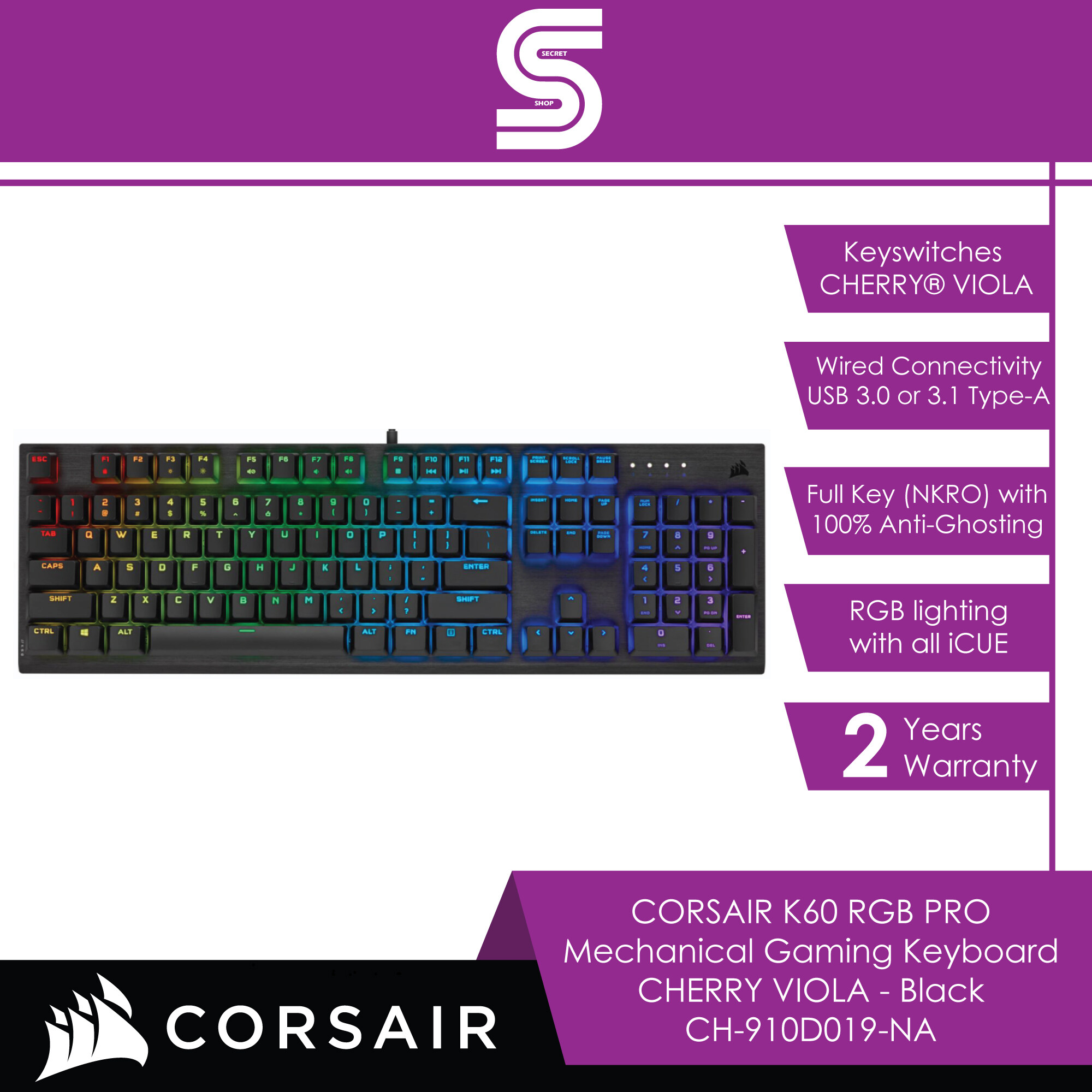 CORSAIR K60 RGB PRO Mechanical Gaming Keyboard CHERRY VIOLA - Black - CH-910D019-NA