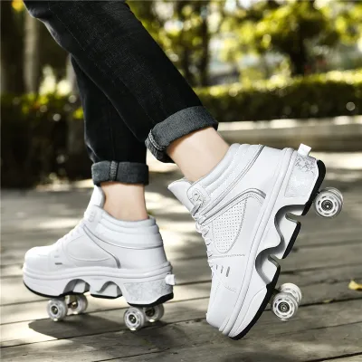 PYRGVRE Children Roller Skates 4 Wheels Deformation Double-row Heely Roller Skates Multi-color LED Shoes Outdoor Sports Shoes