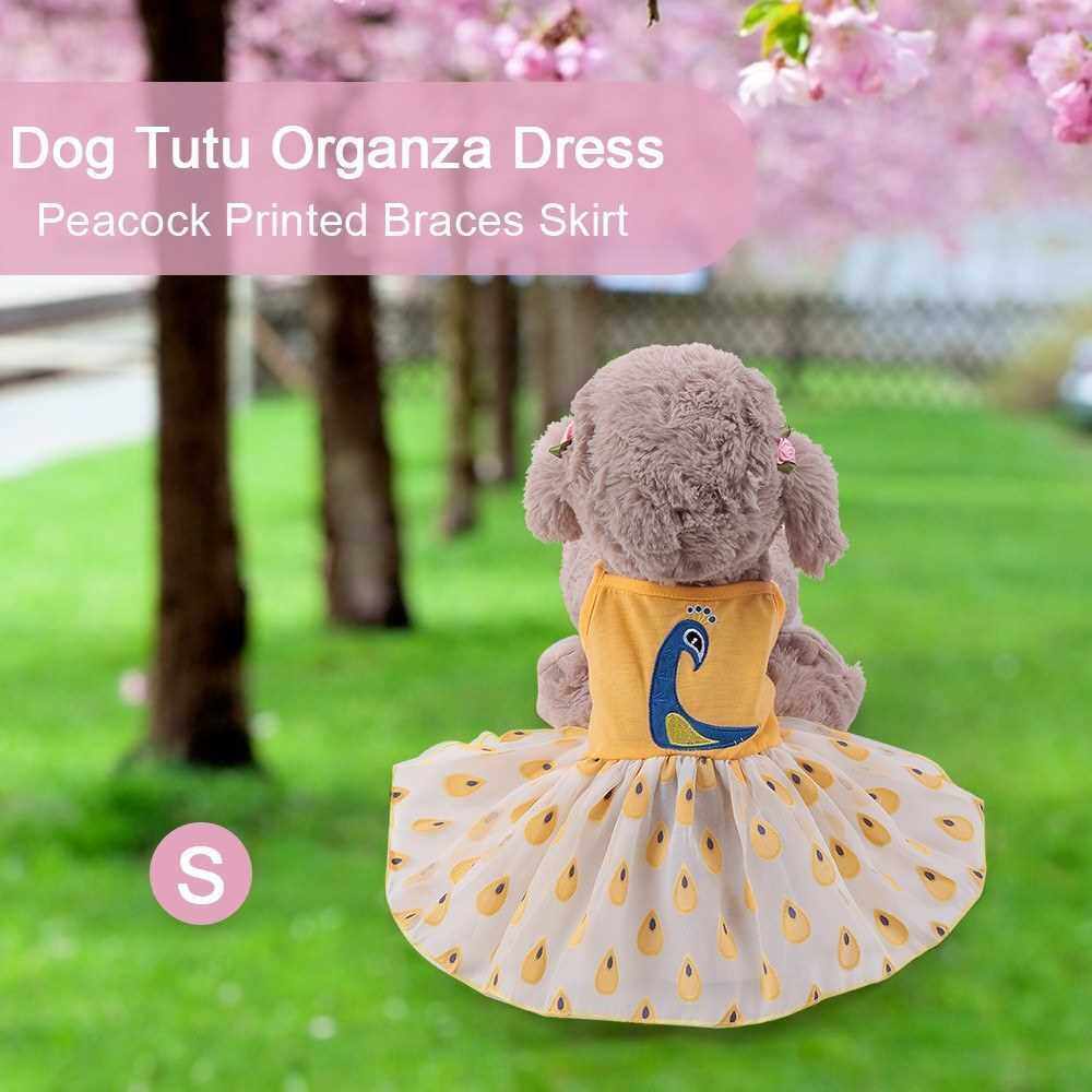 Dog Tutu Dress Organza Braces Skirt Peacock Printed Girl Dog Princess Outfit for Small Size Female Dogs (Yellow)