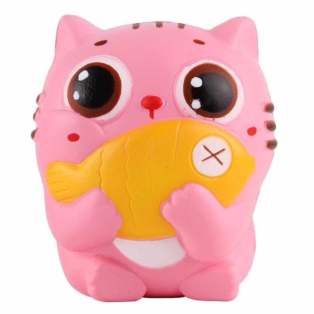 Exquisite Fun Soft Cat Cartoon Squishy Slow Rising Squeeze Toy Phone Straps Ballchains Simulation Kawaii Squishies Cream Scented Fidget Toys for Kids and Adults Cat with Fish