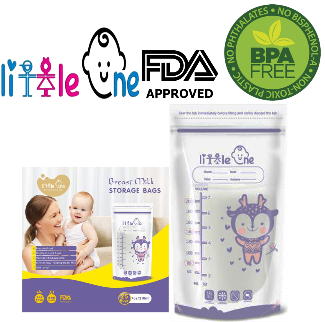 1 X Little One Double Zip lock Breast milk Storage Bag 7oz BEST SELLER!