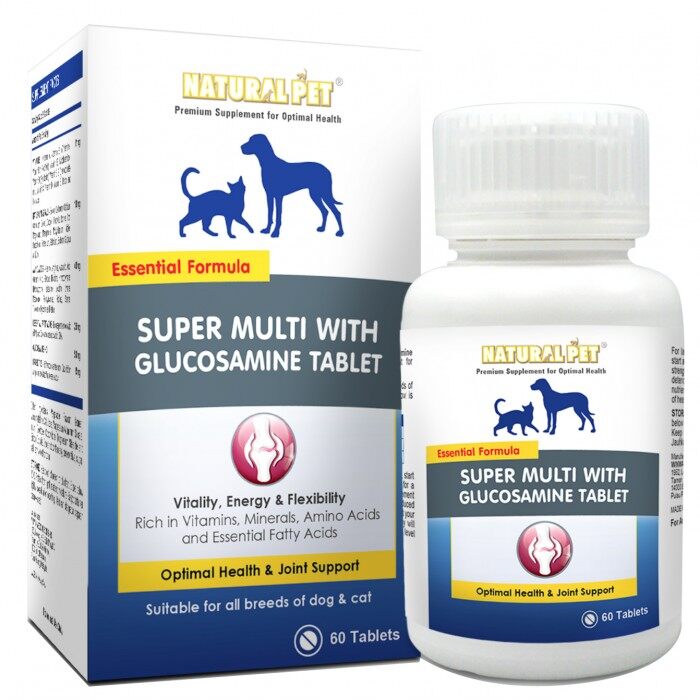Natural Pet Super Multi with Glucosamine Tablet for Optimal Health & Joint Support (60 tablets) vitality energy flexibility rich in vitamins minerals amino acids essential fatty acids for dogs and cats
