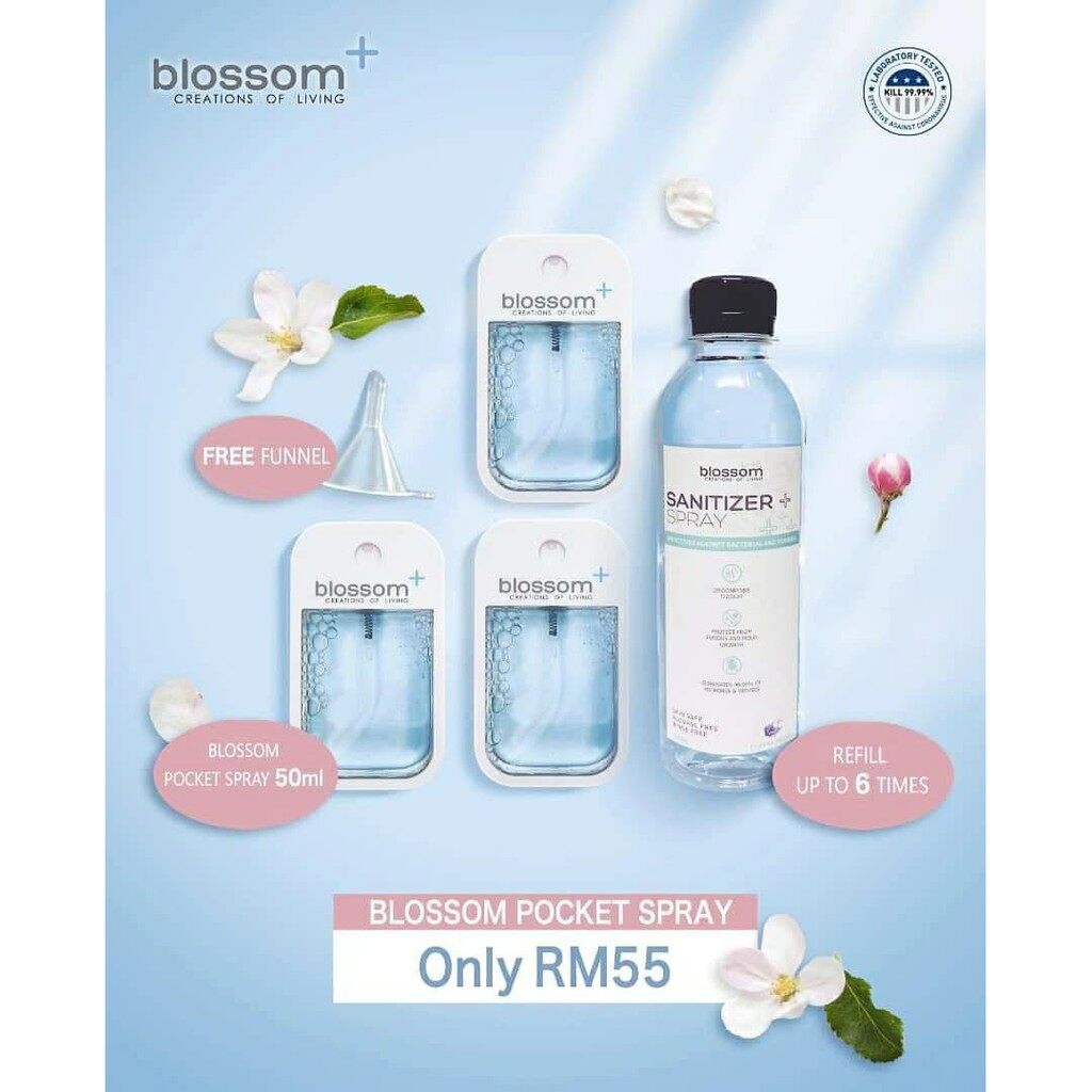 【Ready Stock】Blossom+ Blossom Sanitizer Spray Set Pocket Sanitizer Ultra Spray Sanitizer Alcohol Free Sanitizer Against [ 50ml x 3btl + 330ml refill FREE Funnel]