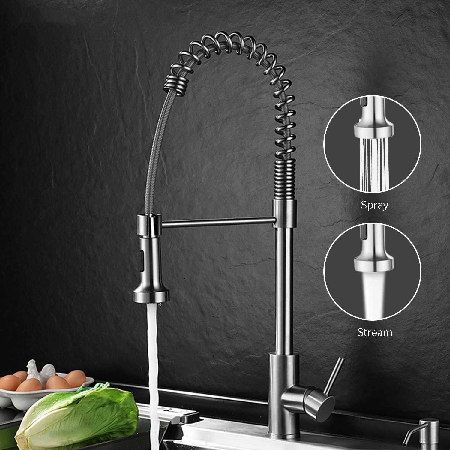 BEST SELLER Full Out Kitchen Faucets with 2 Spray Models 360 Degree Swivel Single Handle Bathroom Sink Faucets Stainless Steel Brushed Finished Water Tap with Adjustable Cold & Hot Water Inlet Hose Ceramic Valve (White)