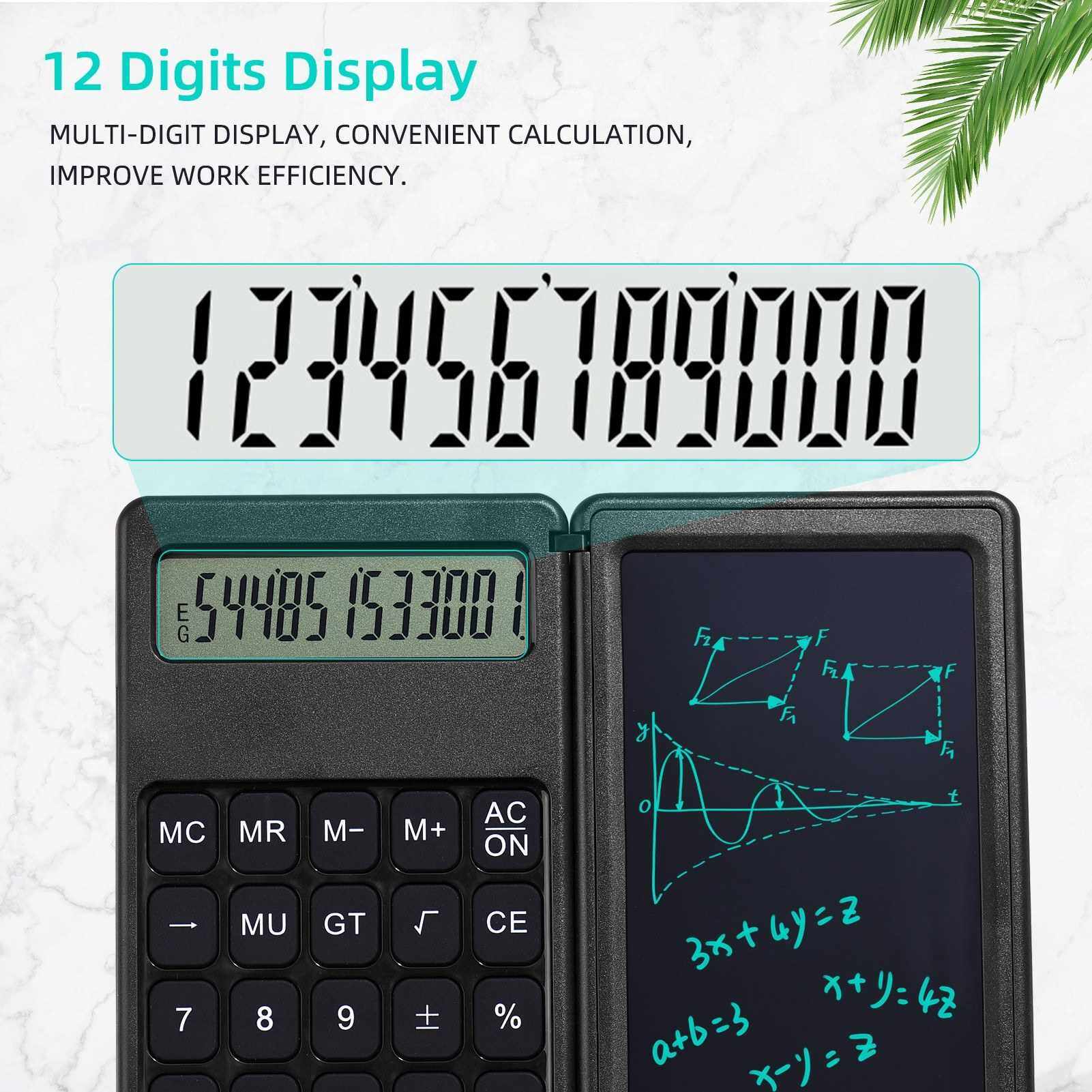 Foldable Calculator & 6 Inch LCD Writing Tablet Digital Drawing Pad 12 Digits Display with Stylus Pen Erase Button for Children Adults Home Office School Use (Black)
